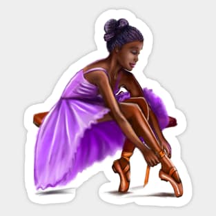 ballerina getting ready, lacing her ballet shoes - brown skin ballerina Sticker